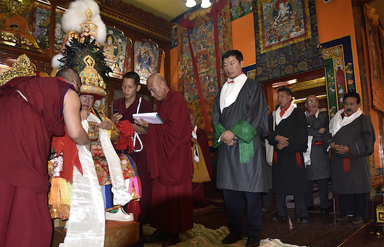 The Tibetan leadership are known to heavily rely on the advice of the State Oracles for their political decision-making. Seen here is the Tibetan Prime Minister Lobsang Sangay waiting to receive guidance from Nechung.