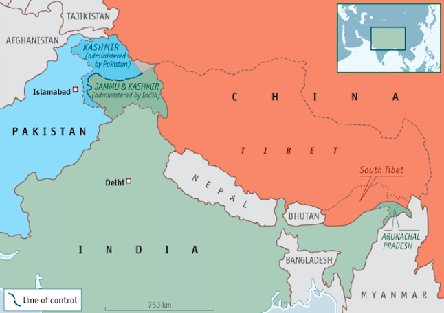 Map indicating the location of Pakistan, India and China. Politics in the region have always been highly charged, thanks to territorial disputes and economic competition between India and China.